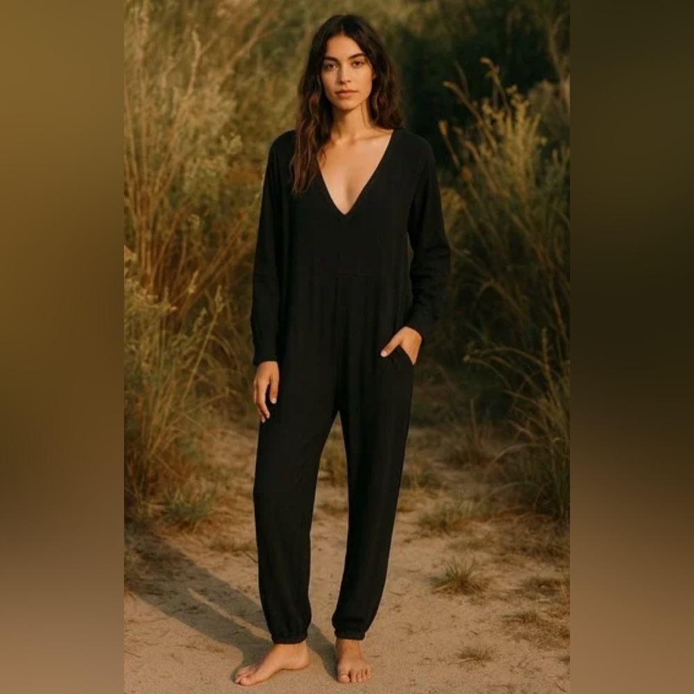 Natural Life Sz M Charlie Jumpsuit Black Deep V Neck 100% Cotton Boho Oversized